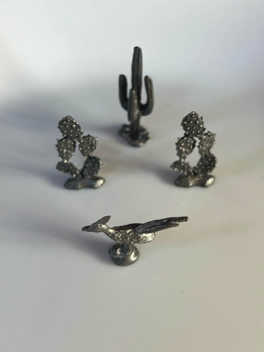 Miniature Desert Cactus and Roadrunner Pewter Figurines Western Decor